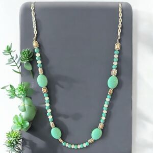 Turquoise Howlite Beaded Necklace 26” Silver Tone Boho Southwestern Style